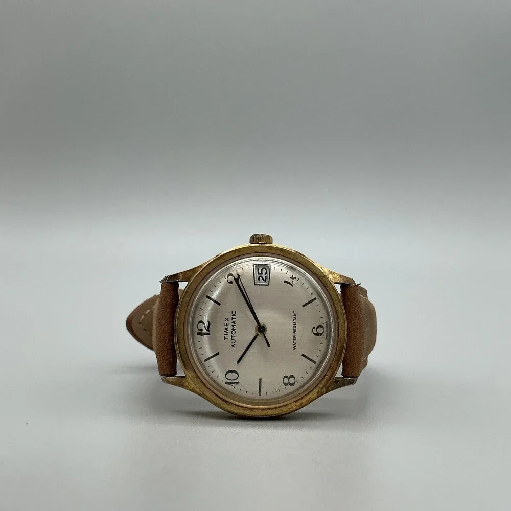Vintage Timex Automatic Mens Watch 35mm Gold Tone Date Brown Leather Strap